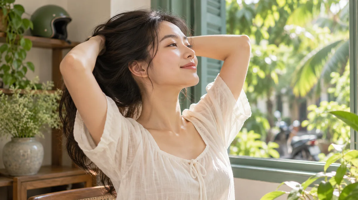 Minh họa AI: chăm sóc tóc trong không gian khí hậu nhiệt đới nóng ẩm