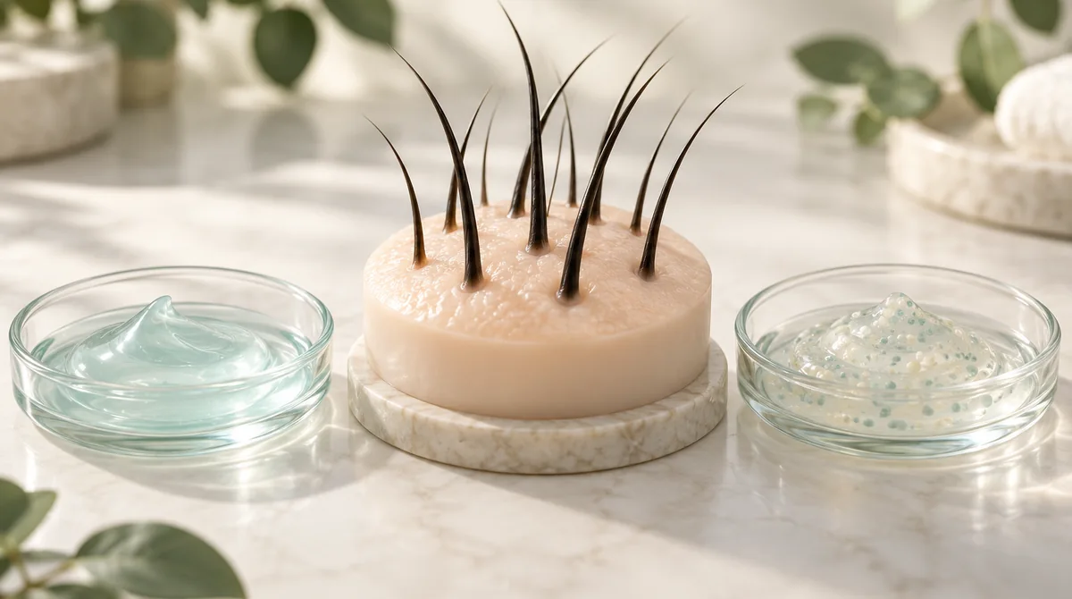Minh họa AI: kết cấu gel và hạt scrub bên cạnh mô hình da đầu