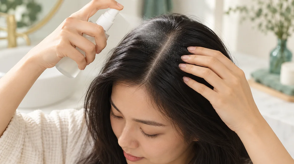 Minh họa AI: xịt dưỡng không nhãn được hướng vào chân tóc theo đường rẽ ngôi