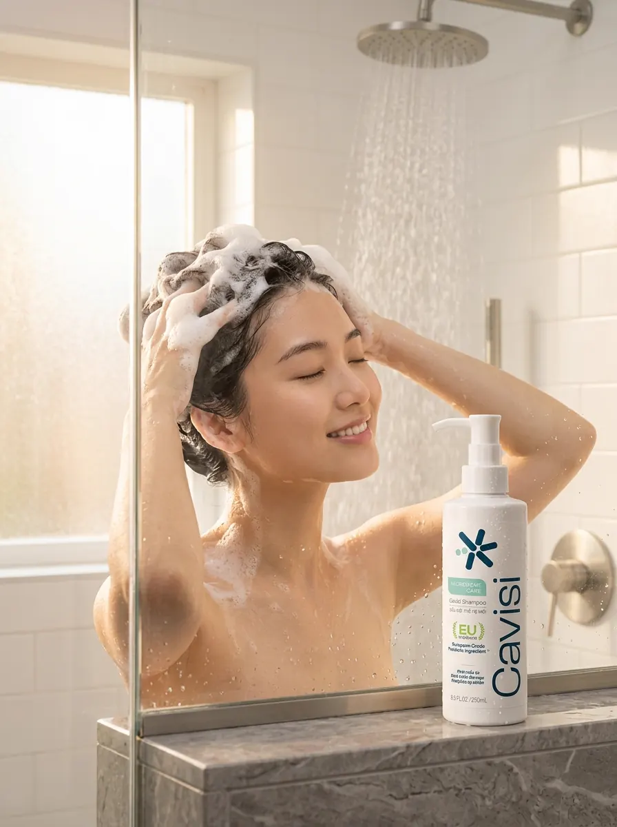 Người mẫu tạo bọt khi dùng dầu gội trong phòng tắm