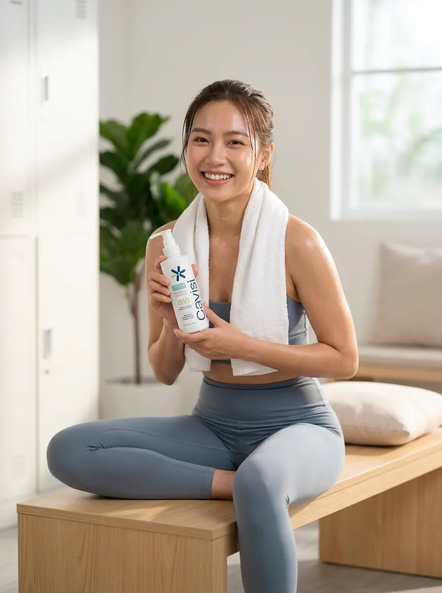 Người mẫu chăm sóc tóc và da đầu sau buổi tập thể thao