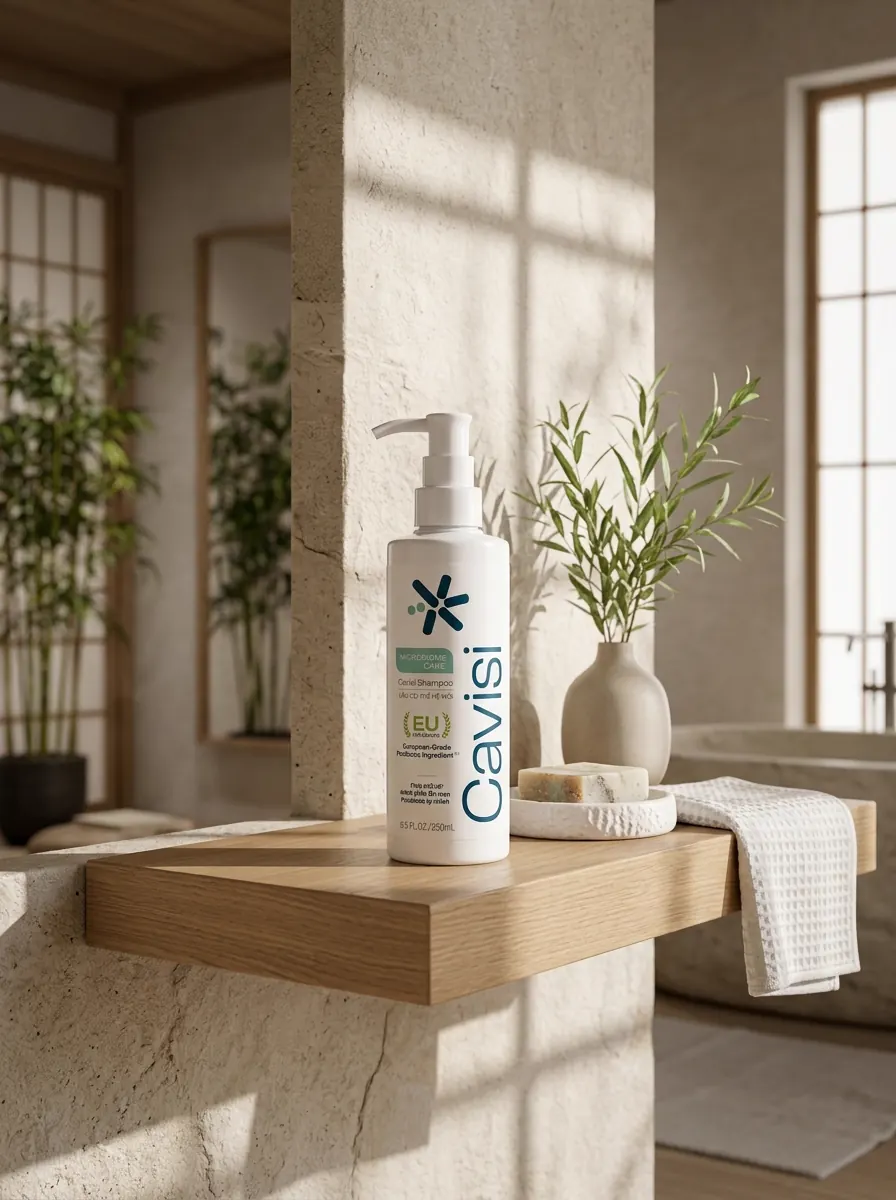 Chai Cavisi Shampoo trên kệ gỗ phòng tắm phong cách Japandi tối giản