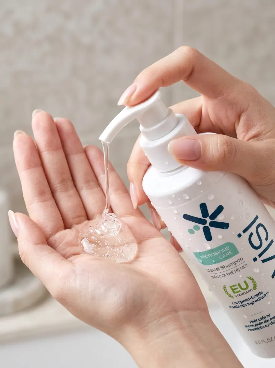 Cận cảnh nhấn vòi pump chai Cavisi Shampoo giọt gel trong suốt chảy trên tay